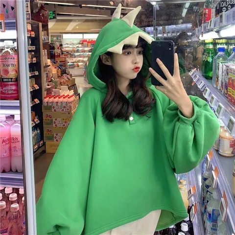 2022 Loose Dinosaur Sweatshirt Women Hoodies Korean Sculpture Girlfriends Autumn Winter Sisters Outfit Plus Fleece Hooded Jacket