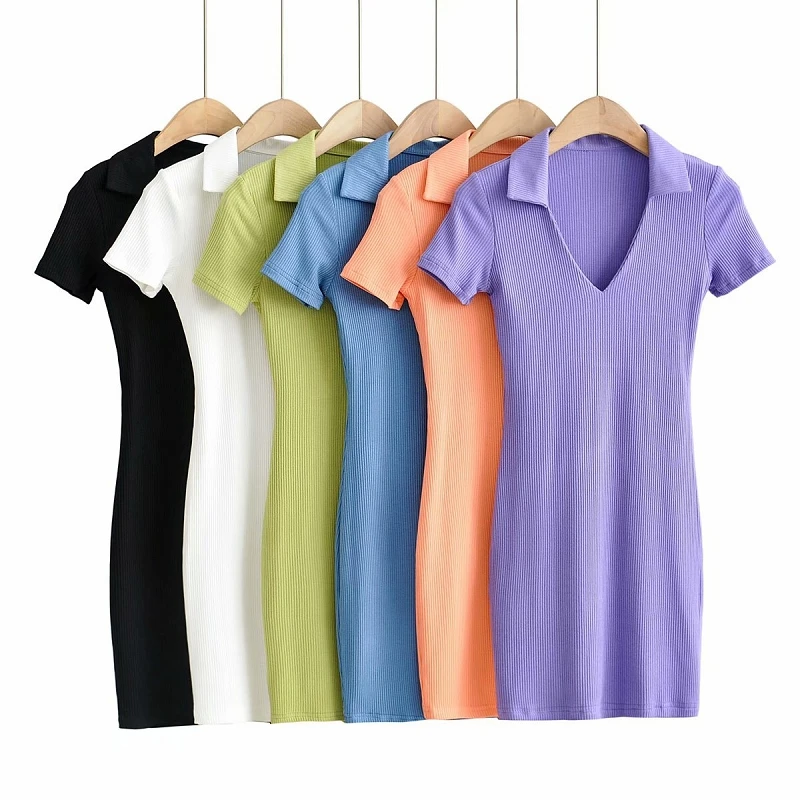 

2021 Autumn New Polo Collar Slim Dress V-neck Tight Stretch Short Sleeve Hip Skirt