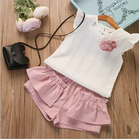 little girls summer clothes solid color set short flying sleeve t shirt and double layered lace short pans 2 pcs outfit