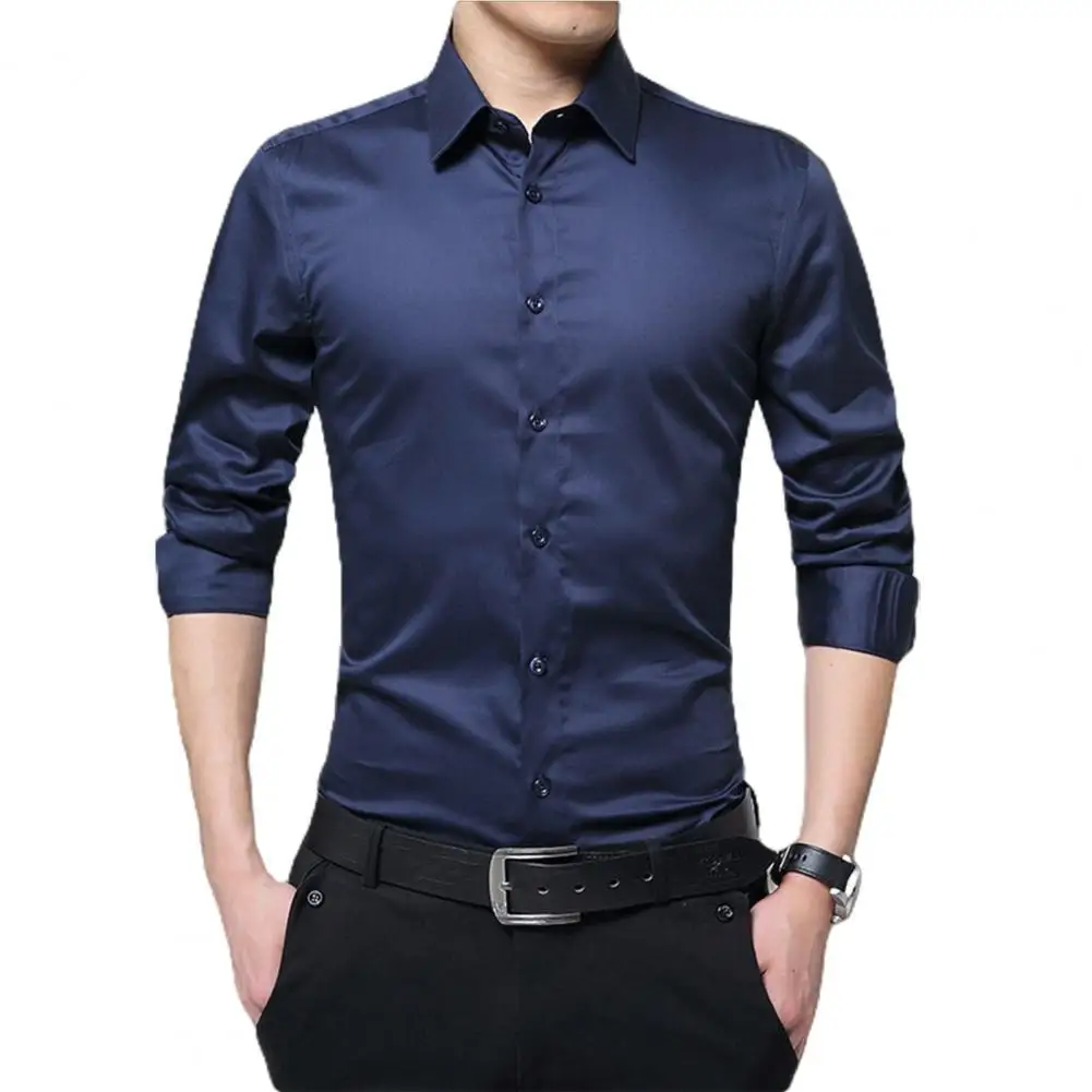 

Рубашка мужская однотонная с отложным воротником, однобортная формальная сорочка с длинными рукавами, не мнется, топ в деловом стиле