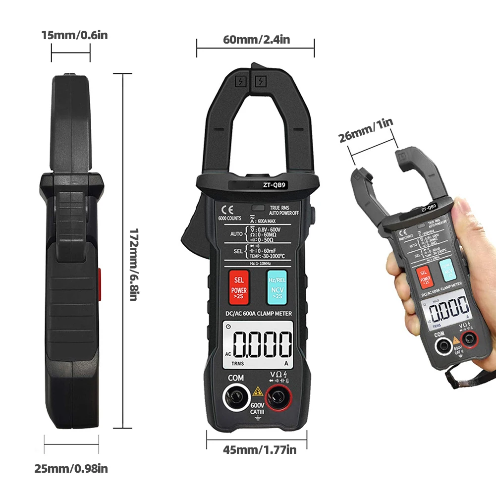 

ZT-QB9 Digital Clamp Meter DC/AC 600A current measurement TRMS Auto-Rang Voltage Ammeter Hz Ohm NCV Tester Multimeter