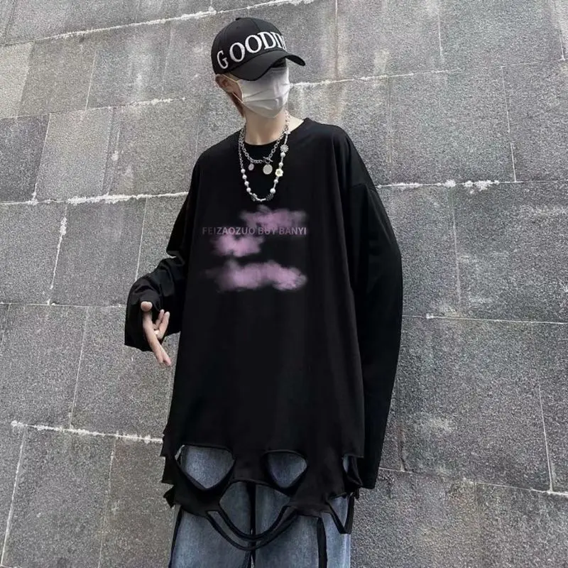 

High street style T-shirt men aesthetic hole long-sleeved tshirt 2022 spring new hip-hop vintage casual loose couple t-shirts