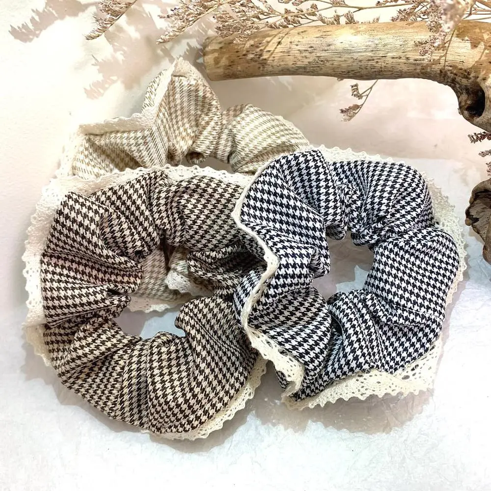 

New Arrived Women Houndstooth printed with lace Hair Bands Scrunchies Girl's fashion Accessories Ponytail Holder