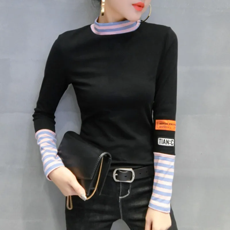 Осенне-зимняя футболка в Корейском стиле шикарное лоскутное Полосатое плотное