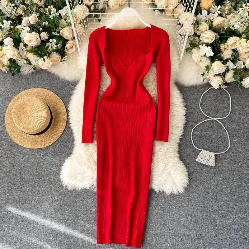 

Dresses For Women 2021 Sexy Strapless Ribbed Knitted Bodycon Dress Women Winter Long Sleeve Sweater Dress Clothes