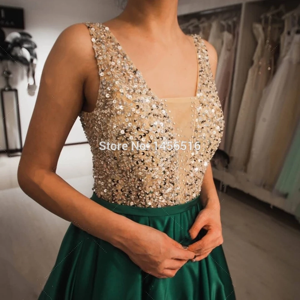 Abendkleider Вечерние платья официальная одежда V образным вырезом атласные vestido de festa Элегантные зеленые Выпускные платья расшитые блестками