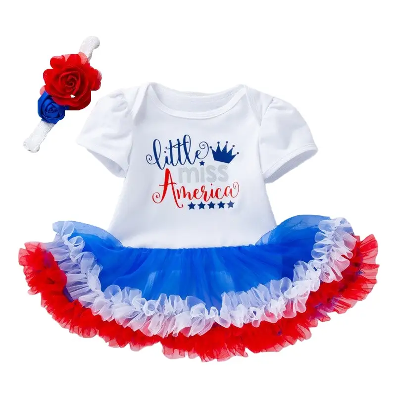 

Baby Girl Independent Day Clothes Short Sleeve American Flag Skirt US Flage Stripe and Star Dress with Headband