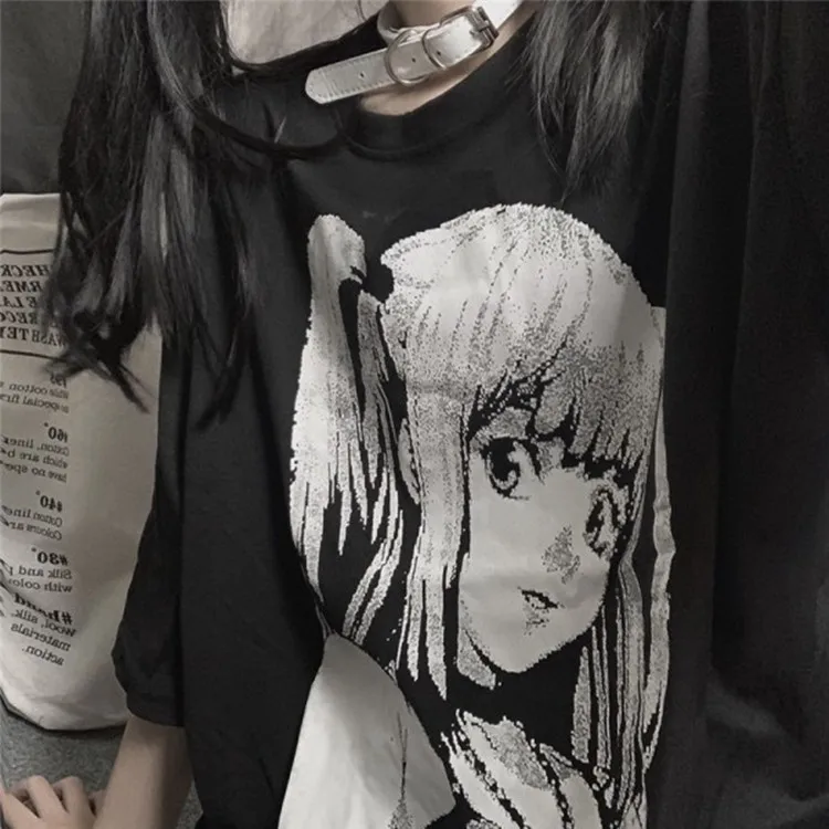 

Summer Women Tops 2021 Harajuku Gothic Hip Hop Streetwear Women's T-shirts Black Oversized Kawaii Japanese Anime T-shirts Women