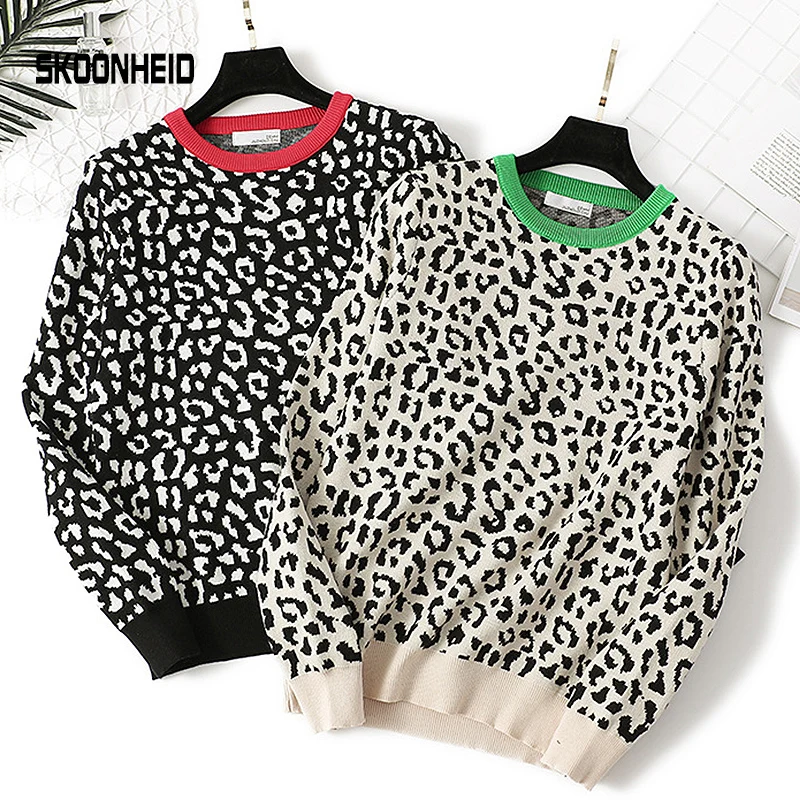 SINGRAIN Women Leopard Knitted Sweater Autumn Knit Tops Harajuku Fashion Pull Femme Oversized Basic Knitting Print Pullovers | Женская