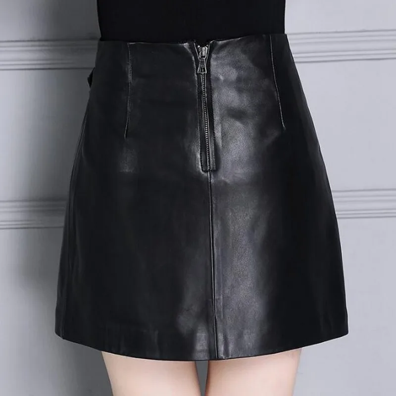 

OL Style 100% Real Leather Mini Skirts Women Designer High Waist Irregular A-Line Skirt Sheepskin Black Wrap Skirt Plus Size