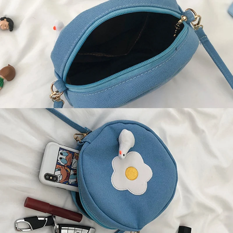 Japanese Cute Plush Duck Flower Canvas Small Round Bag Art Student Shoulder Messenger | Багаж и сумки