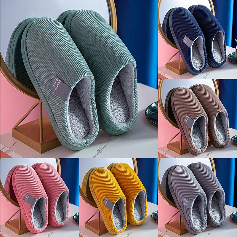 

Winter Warm Cotton Slippers Women Men Home Shoes Simple Non-slip Indoor Slides Corduroy Couple Slipper Female Shoes