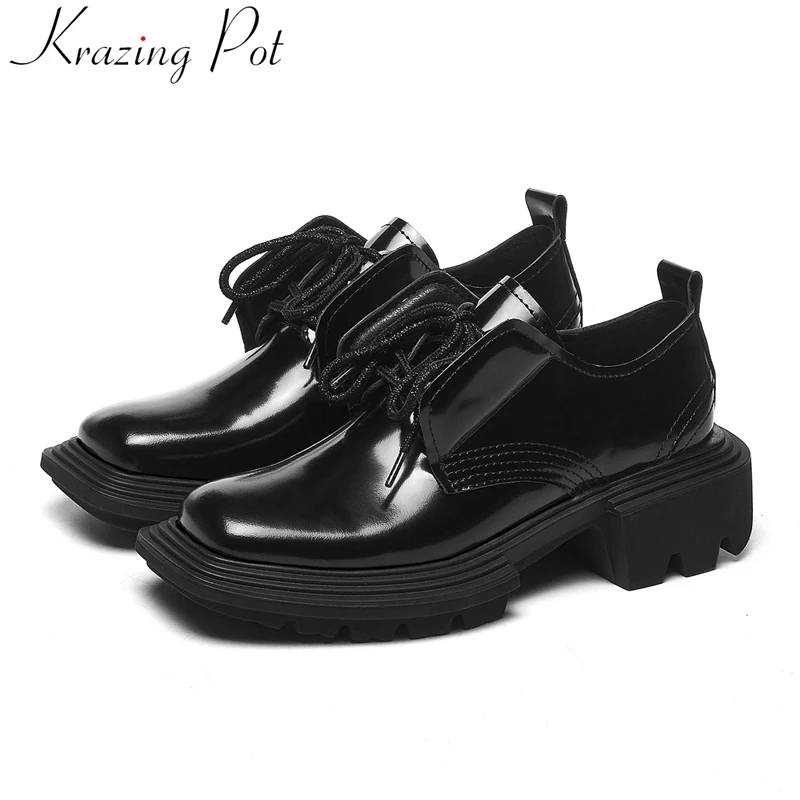 

Krazing Pot 2021 superstar cow leather platform high heels square toe casual spring shoes lace up office lady dress women pumps