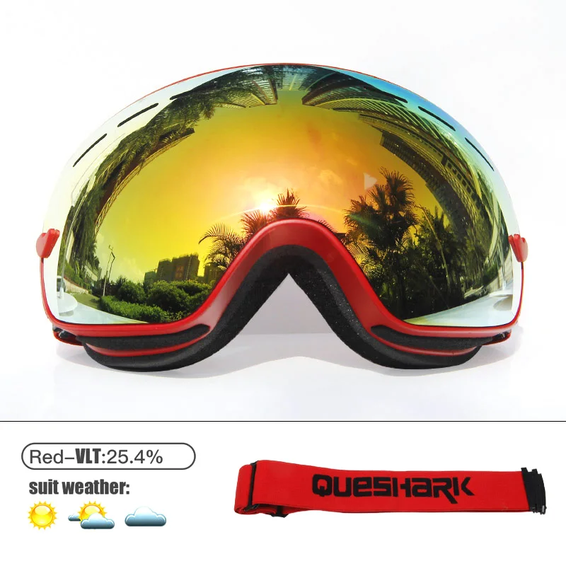 Red Queshark лыжные очки двухслойные UV400 Анти-туман большие Лыжные маски очки для катания на лыжах мужчины женщины снег сноуборд очки - Цвет: Red