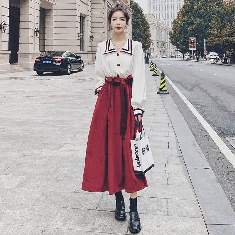 

Ricaqico 2021 spring autumn new ruffled shirt French long skirt suit tie button long sleeve and calf skirt sweet college stripe