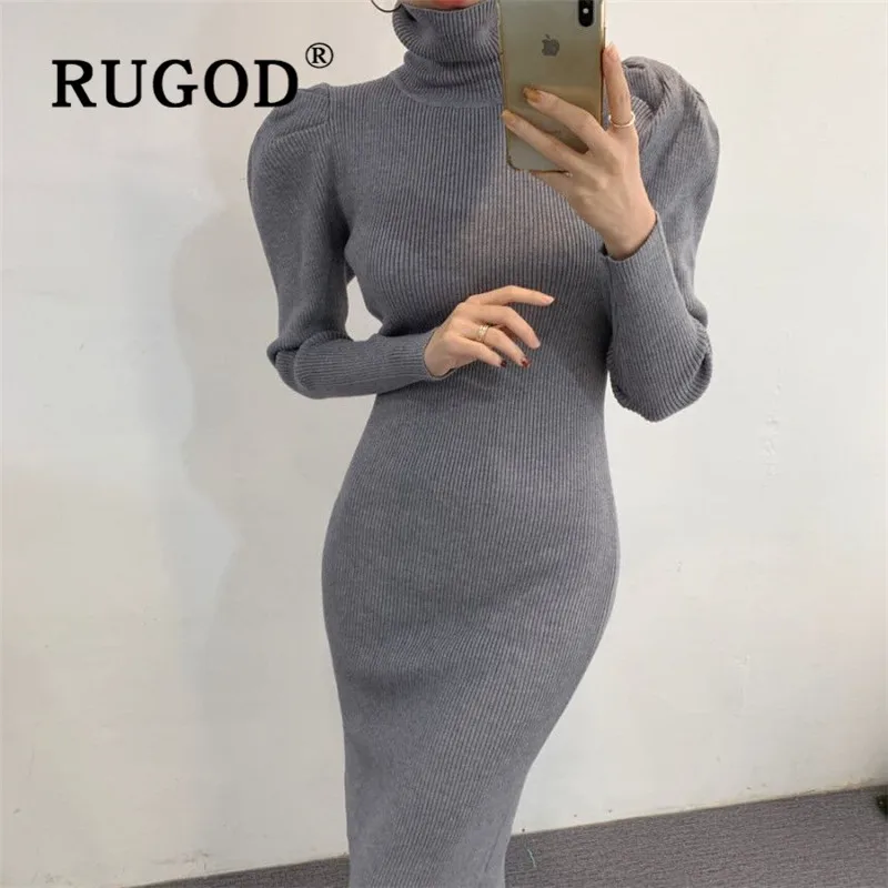 Женское винтажное длинное платье RUGOD однотонное Облегающее вязаное с высоким