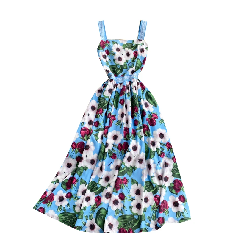 

Sling Vestidos Women's Summer Dress 2021 New Temperament Square Neck Waist Thin Elegant Printed Midi Holiday Dress GL312
