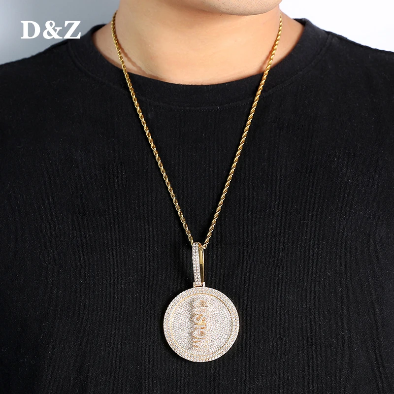 D&Z New Custom Name Pendant Round Roating Medallions Necklace Hollow Back Hip Hop Jewelry Personalized Cubic Zircon Chains Gift