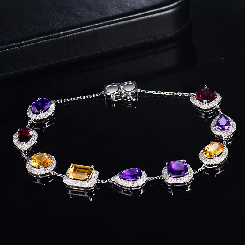 LOVERJEWELRY, Женский винтажный браслет, Одноцветный, 14К, белое золото, натуральный бриллиант, аметист, перидот, гранат, браслет для девушек, юбилей