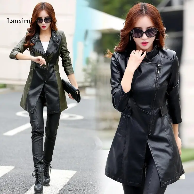 

autumn New girl Leather Jacket Long Women's Leather Coat slim Fashion tops Female Motorcycle Clothing faux leather Blazer spring