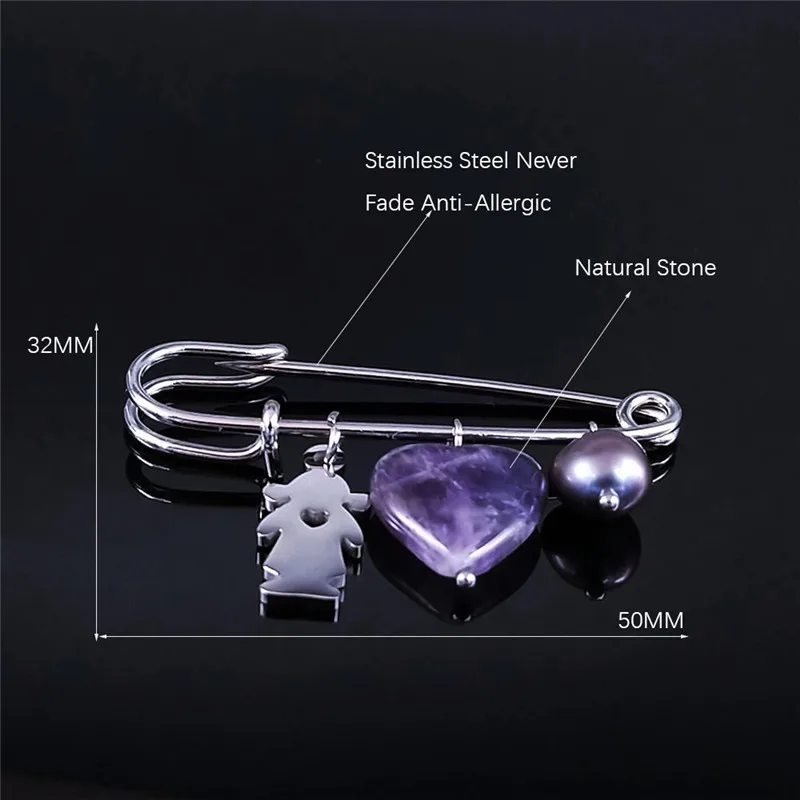 

Stainless Steel Purple Natural Crystal Freshwater Pearls Love Heart Girl Couple Pins Women/Men Silver Color Jewelry broche X9006