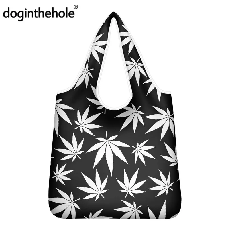 

Doginthehole Jamaica Leaf 2pcs Set Large Shopping Bags Black White Family Casual Daily Grocery Totes Supermarket Shopper Sac