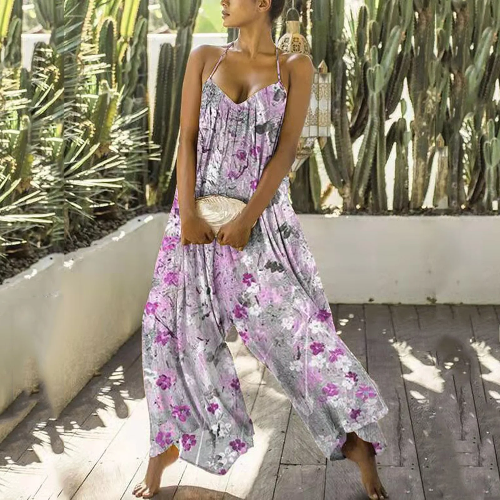 

Women Playsuits Boho Floral Print Romper Long Playsuit Button Loose Overalls Backless Beach Jumpsuit Combinaison Femme Mujer