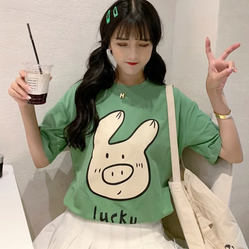 Летняя футболка женская свежая стильная с круглым вырезом и рисунком