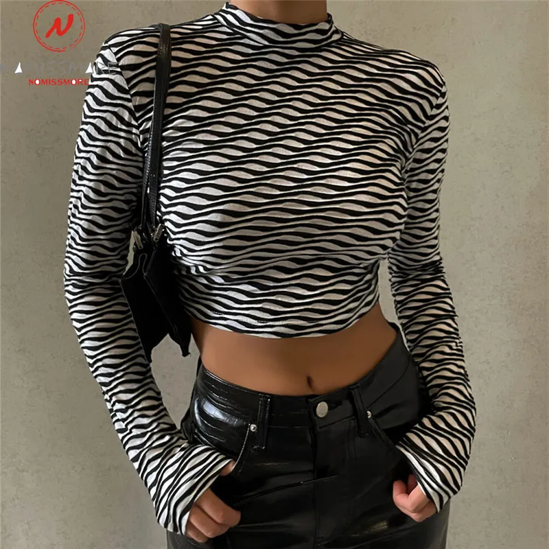 

Women Striped Print T-Shirts Patchwork Design Bandage Decor Backless Half High Collar Long Sleeve Spring Autumn Slim Short Top