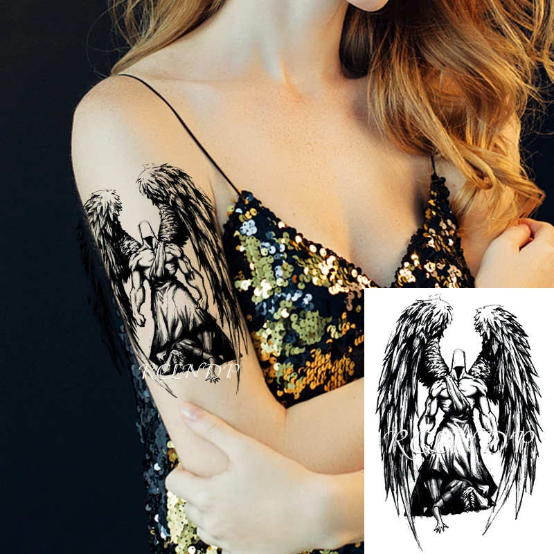 Водонепроницаемая Временная тату-наклейка с большими крыльями Черный ангел воин