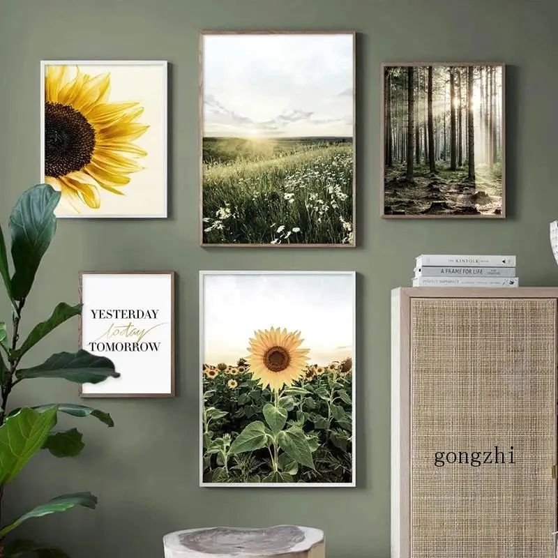 

Forest Grassland Nature Landscape Wall Art Sun and Sunflower Canvas Painting Nordic Posters and Prints Picture Living Room Decor