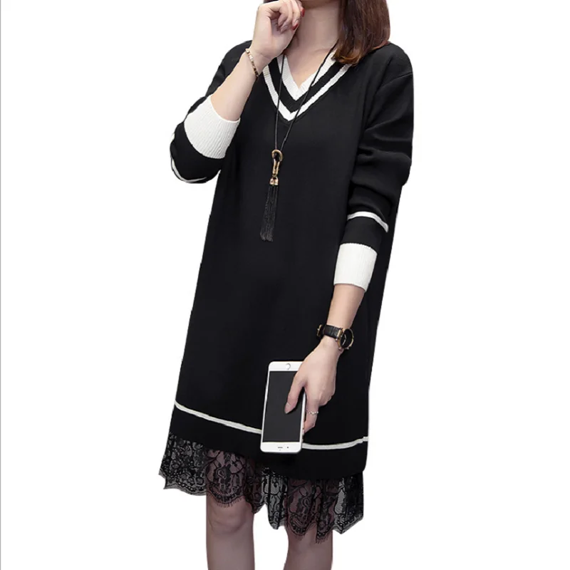 

Patchwork Lace Sweater Plus Size Dresses Women's Long Sleeve V Neck Straight Ladies High Street Autumn Knitting Dresses