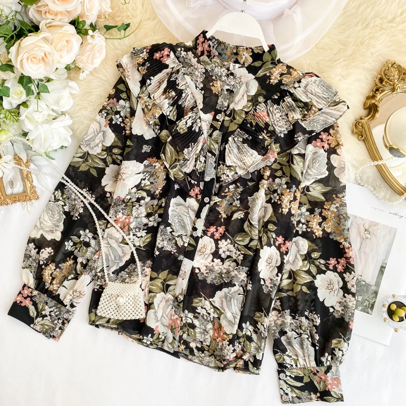 SINGRAIN Высокое качество Женские винтажные блузки с рукавами-фонариками шифоновые