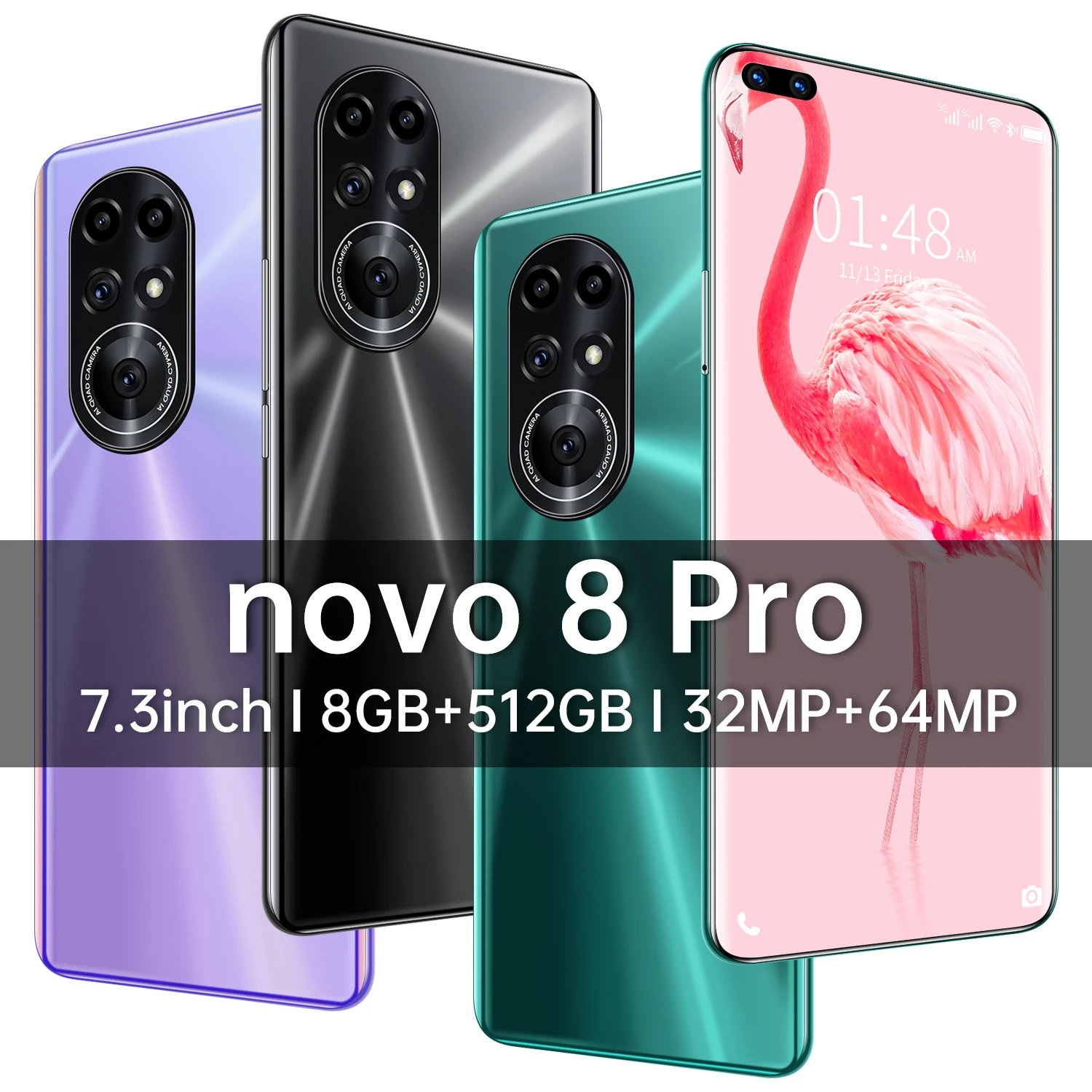 

New 2021 NOVO8 Pro 8GB+512GB 32+64MP Face ID Unlock Andriod 11 Smartphones 7.3 Inch Digging Screen 5G Network Celular MT6889+