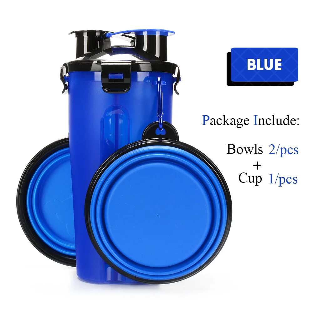 blue wIth 2 bowl Портативная 2 в 1 ПЭТ бутылка для воды контейнер для еды со складной силиконовой миской для домашних животных уличная дорожная кормушка для кошек и собак чашка - Цвет: blue wIth 2 bowl