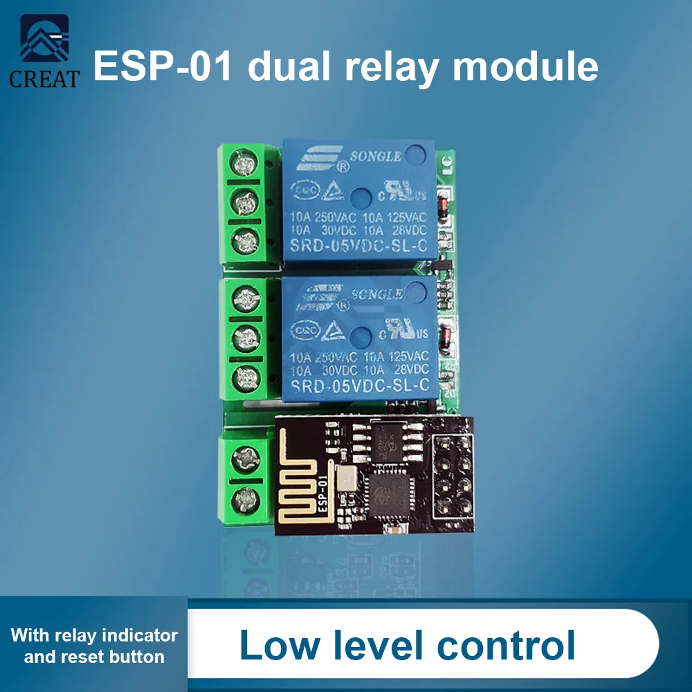 

ESP8266 Dual Channel WIFI Relay Module ESP-01/01S DC5V With Relay Indicator and Reset Button 2 CH relay Boad Low Level Control