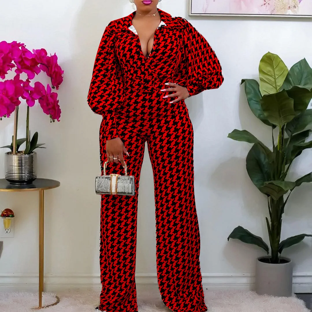 

2021 Hot Popular Plus Size Plaid Classic Sexy Young Daily Mature Overalls Full Sleeve Women High Waist Wide Leg Jumpsuits