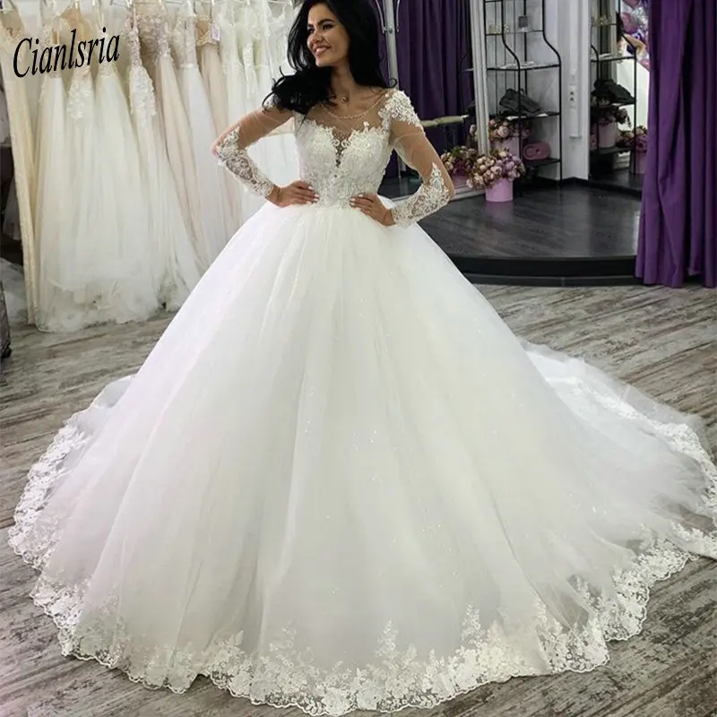 

Newest Illusion Long Sleeve Ball Gown Wedding Dresses Appliques Lace Neck With Beading Bridal Wedding Dress robe de mariee