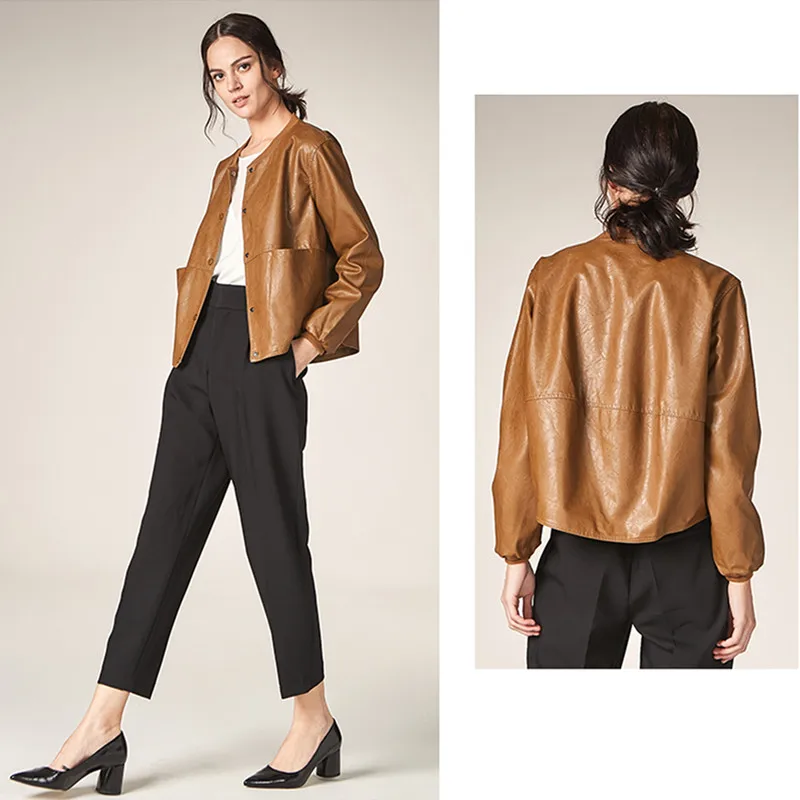 Коричневые Модные женские кожаные куртки большого размера s короткая черная