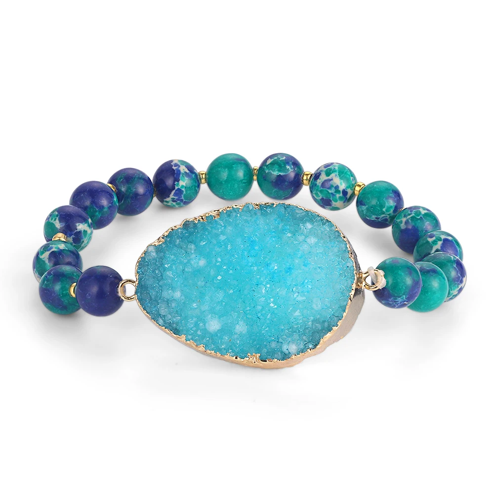 Blue Druzy Браслеты ShinyGem Yoga с натуральным камнем 8 мм синий зеленый морской осадочный Jaspers браслеты из бисера золотые браслеты ручной работы для женщин - Окраска металла: Blue Druzy