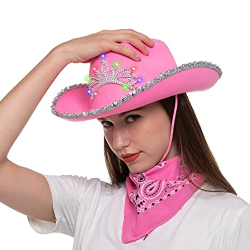 

Светодиодная Люминесцентная тиара, ковбойская шляпа в западном стиле, розовая Женская модная кепка для вечерние, с широкими полями и блестками