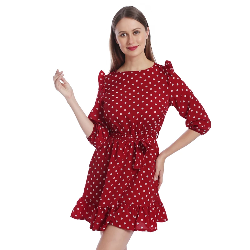 

Женское летнее платье с оборками и поясом, повседневное милое ТРАПЕЦИЕВИДНОЕ ПЛАТЬЕ С Рукавом 3/4 и круглым вырезом, с принтом в горошек