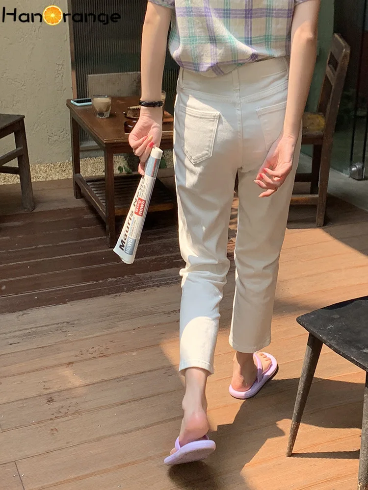 

Basic White Jeans Women 2021 Summer High-waist Straight-leg Short Height Denim Trousers Ankle-Length Pants