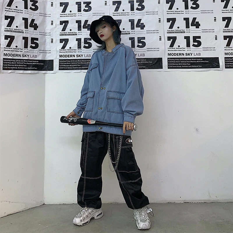 

Fashion new early autumn wild retro casual loose pocket stand collar denim jacket