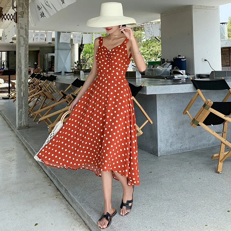 2 цвета летний женский желтый сарафан в горошек с открытой спиной Элегантное