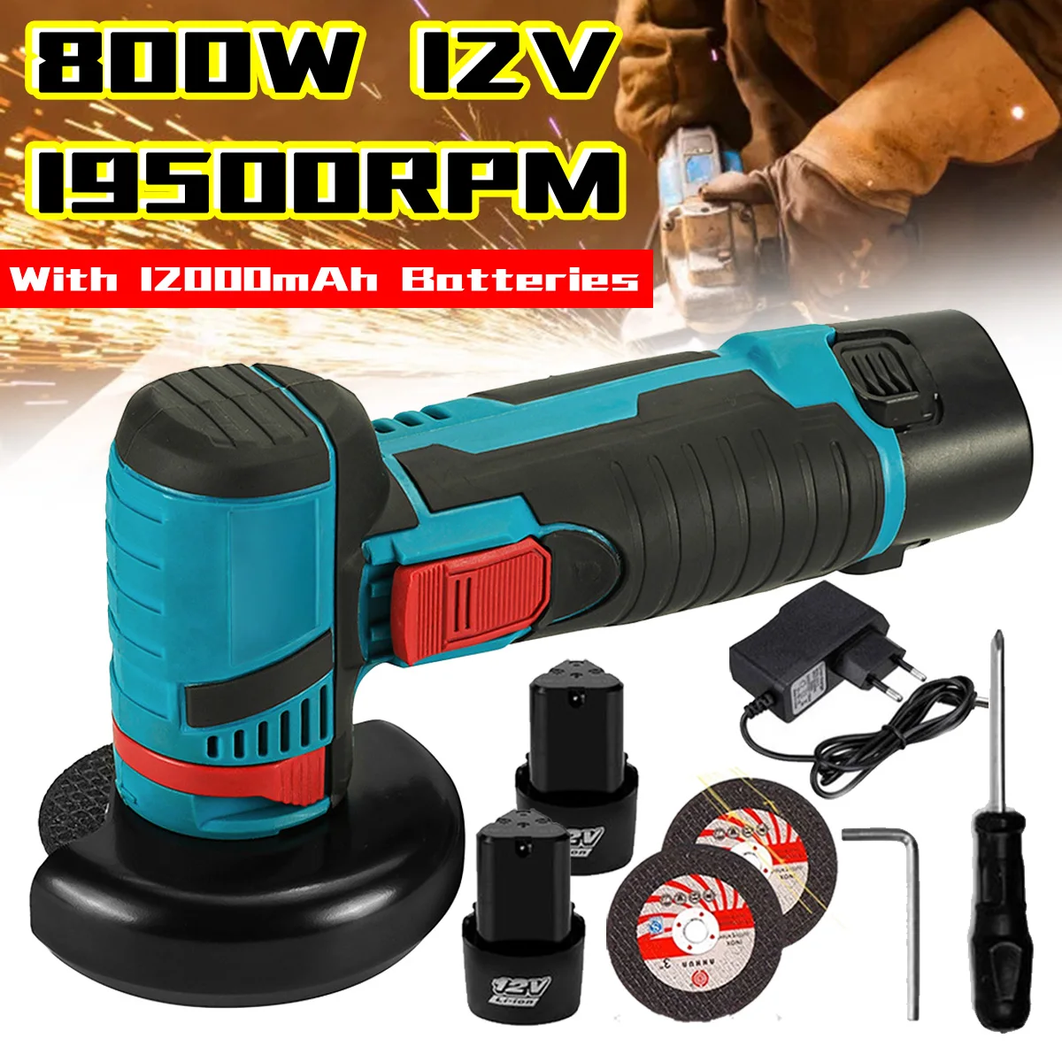 

800W 12V Angle Grinder 19500RPM Brushless Cordless Angle Grinder Polishing Machine + 2 Batteries 12000mAh Diamond Cutting Wheel