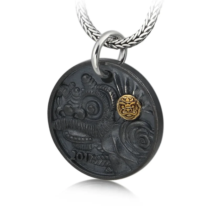 925 Sterling Silver Jewelry Personality DIY Crystal Bracelet 2017 Accessories Retro Dyed Black Lion Round Small Pendant