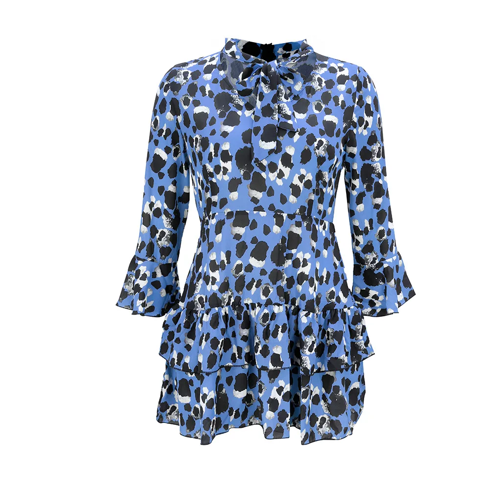 

V Neck Low Waist Print Sexy Long Sleeve Female Dress 2021 New Spring Summer Fold Fashion Casual Chic Ladies Dress