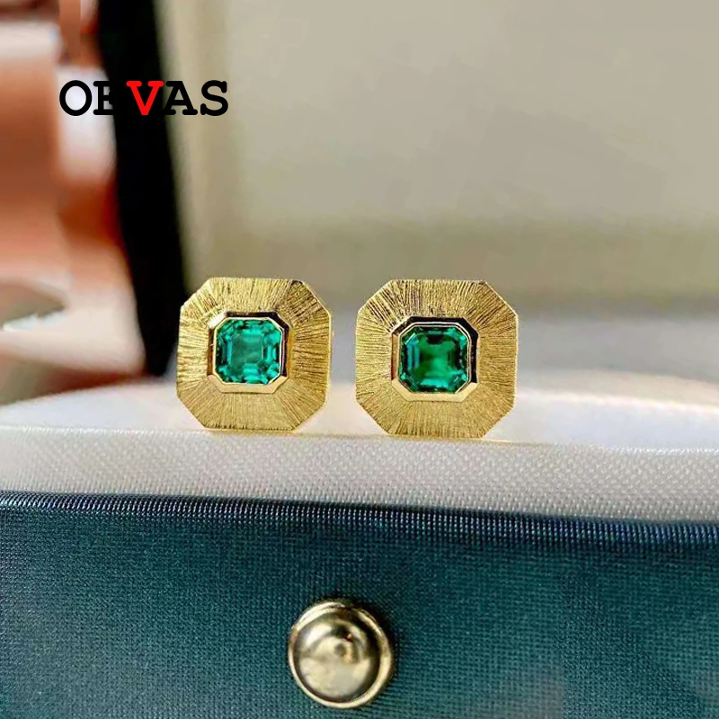 

OEVAS 100% 925 Sterling Silver Lab Grown Emerald 18K Gold Plated Diamond Stud Earrings For Women Sparkling Wedding Fine Jewelry