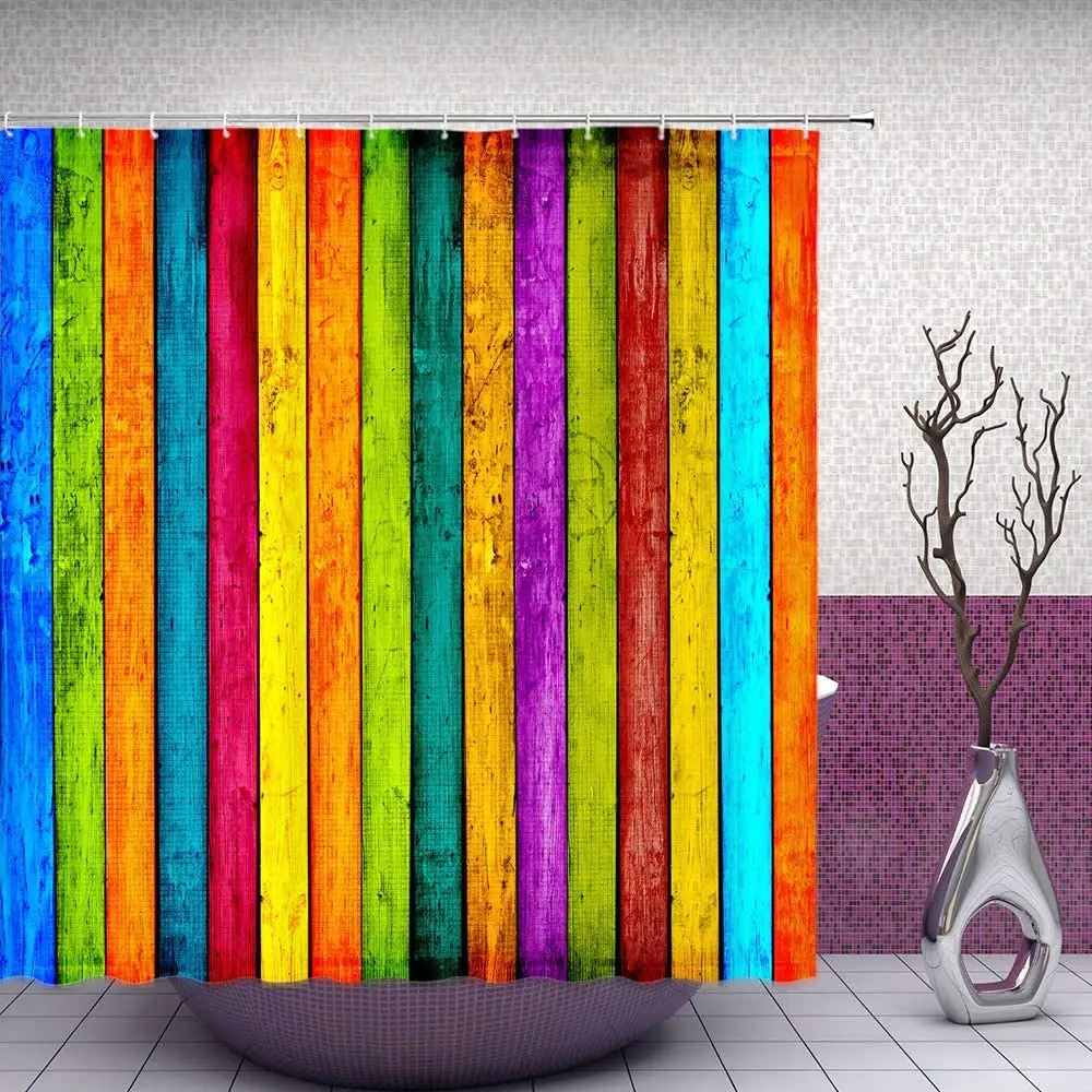 

Colorful Retro Shower Curtains Rainbow Watercolor Wooden Board Bathroom Curtain Sets Fabric Polyester Bathtub Decor with Hooks